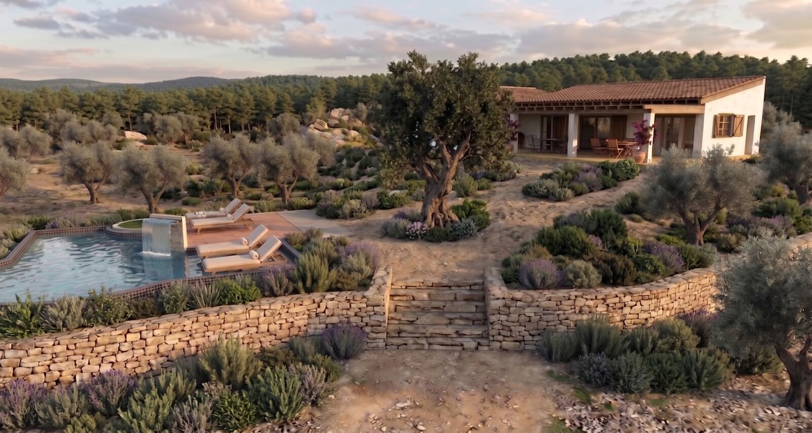 Visualización de una posible casa entre olivos, proyecto futuro